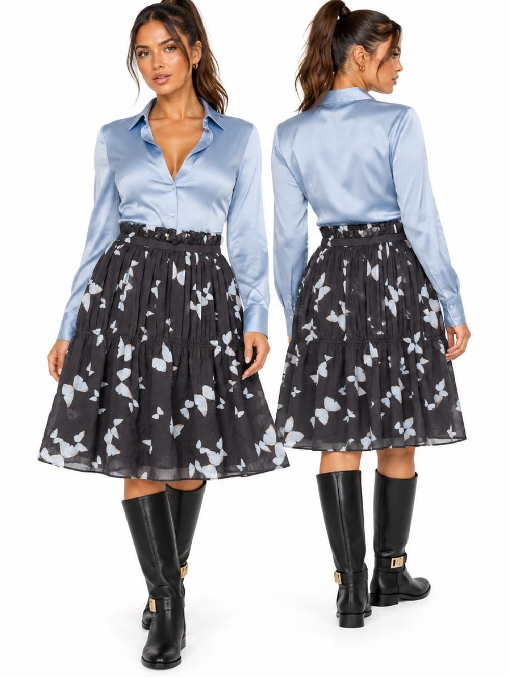 NWT Liliu 100% Silk Butterfly Print Knee Length Skirt Charcoal Blue